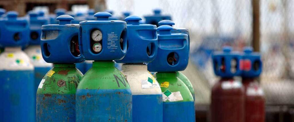 close up of pressurized gas cylinders