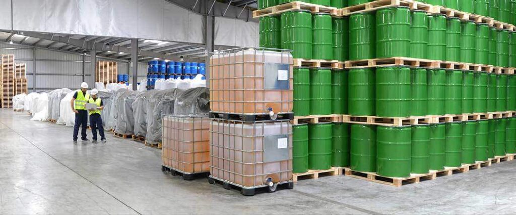 Warehouse with various types of liquid storage containers